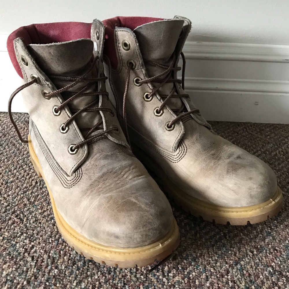 Grey and Maroon Timberland Boots Size 9.5
